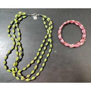 Lot of 2 African Paper Wrap Beaded Necklace & Bracelet One Multi strand Spiral